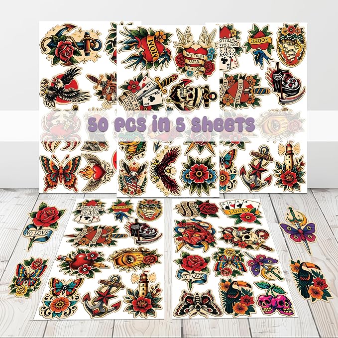 50 Pcs Vintage Graffiti Stickers Traditional Tattoo Vinyl Decal Retro Horror - Image 2