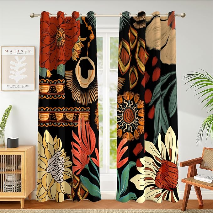 Tyrot 100% Blackout Black Boho Floral Curtains by TyrotHomeDecor