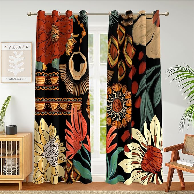 Tyrot 100% Blackout Black Boho Floral Curtains by TyrotHomeDecor