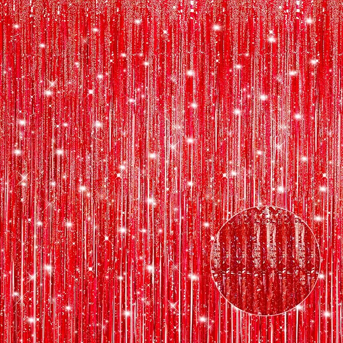 Crosize 2 Pack Laser Red Party Streamers Backdrop, 3.3 x 9.9 ft | Tinsel Foil by Crosize