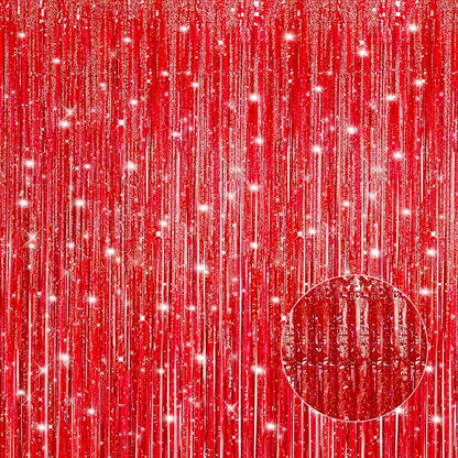 Crosize 2 Pack Laser Red Party Streamers Backdrop, 3.3 x 9.9 ft | Tinsel Foil by Crosize