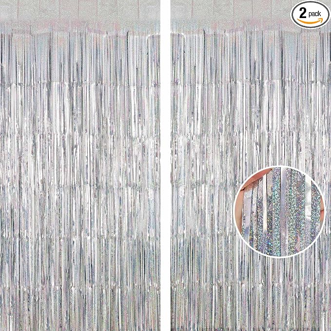 Silver Tinsel Foil Fringe Curtain Backdrop, 3.3 x 8.2 ft Metallic Glitter by AIQINHU
