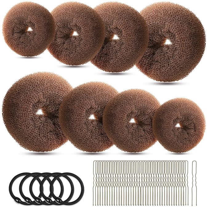 FANDAMEI Hair Bun Maker Set- 8 PCS Hair Donuts for Buns (2 Extra-large,2 Large,2 Medium and 2 Small), 40 PCS Bobby Pins, 5 PCS Hair Elastic Ties Black,Bun Maker - Light Brown