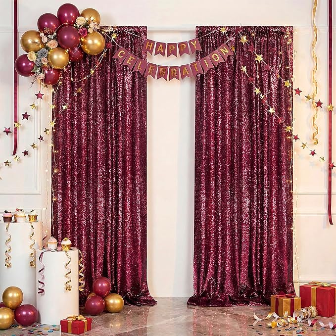 4x8FT Burgundy Red Sequin Backdrop Curtains Drape - Image 2