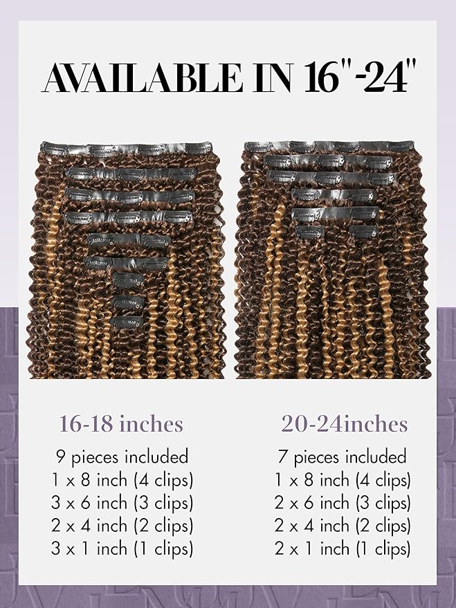 LUVME Seamless Clip in Hair Extensions Human Hair, 16 Inch 135g 9pcs #2/27 Hair Extensions Clip in Human Hair Kinky Curly Remy Hair