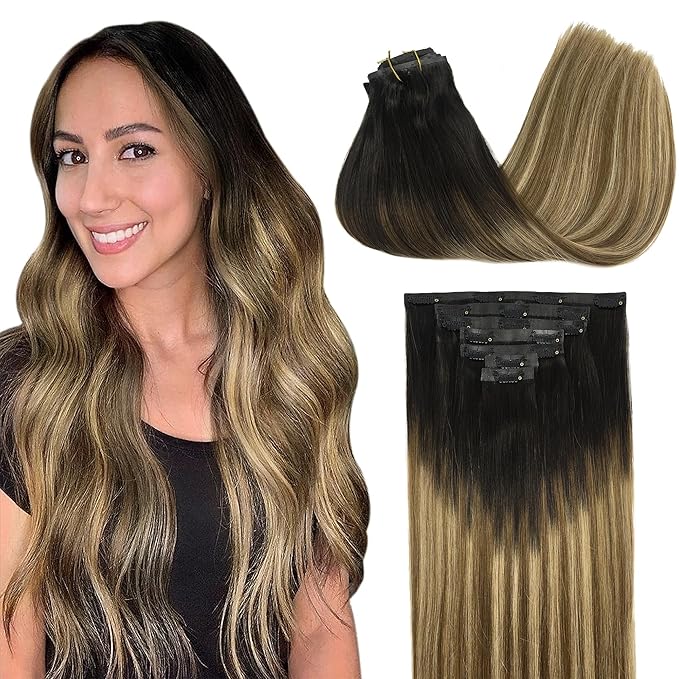 GOO GOO Clip in Hair Extensions Real Human Hair, Remy Human Hair Extensions Clip ins for Women, Natural Human Hair, 16inch 130g 7Pcs, 2/6/18 Balayage Brown to Dirty Blonde