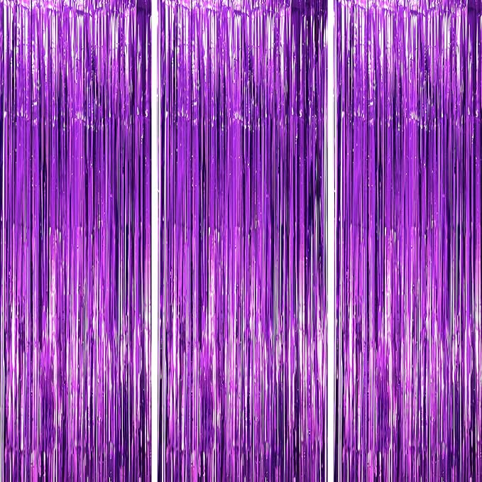 Voircoloria Purple Foil Fringe Backdrop Curtains, 3 Pack | Tinsel Streamers by Voircoloria