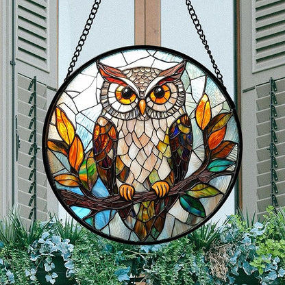 DASTOLL Stained Glass Window Hanging, Owl Colorful Leaves Birds Sun Catchers - Image 3