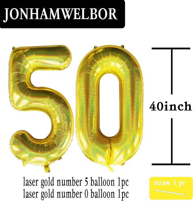 Jonhamwelbor 40 Inch Laser Gold 50 Balloon Number Foil Mylar Giant Balloon - Image 2
