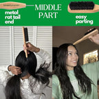 GranNaturals Smoothing & Styling Middle Part Boar Bristle Slick Back Hair Brush w/Narrow Metal Rat Tail End for Sectioning and Parting Sleek Ponytail Bun - Teasing, Backcombing, Edge Control
