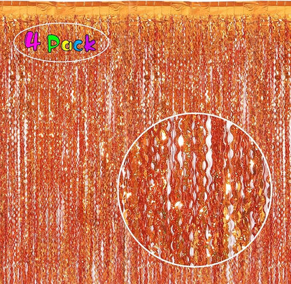 4 Pack Orange Wavy Metallic Tinsel Foil Fringe Curtains | 3.3 ft x 6.6 ft Party - Image 2
