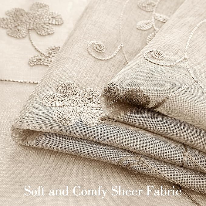 HOMEIDEAS Taupe Sheer Curtains 84 Inches Long 2 Panels Beige Embroidered Floral - Image 3