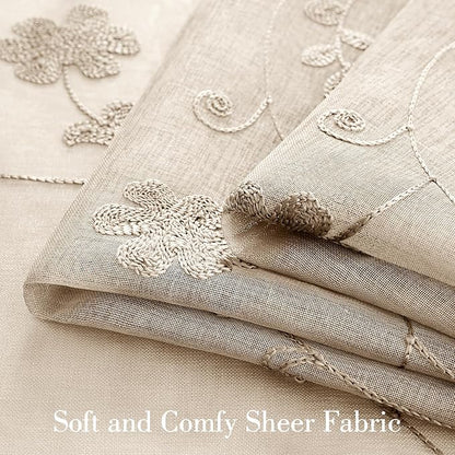 HOMEIDEAS Taupe Sheer Curtains 63 Inches Length 2 Panels Beige Embroidered - Image 3