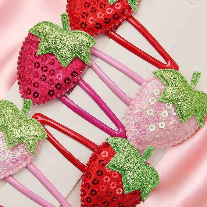 6PCS Strawberry Hair Clips, Sparkly Sequin Hair Barrettes, Snap Hairpins Hair Accessories, for Women and Girls Hair Styling Accessories(Pink, Red and Rose Colors)