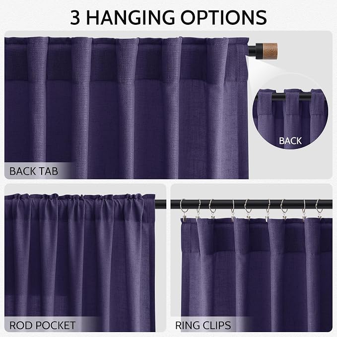 Purple Linen Blend Light Filtering Back Tab Curtains 108 Inches Long, Semi - Image 3