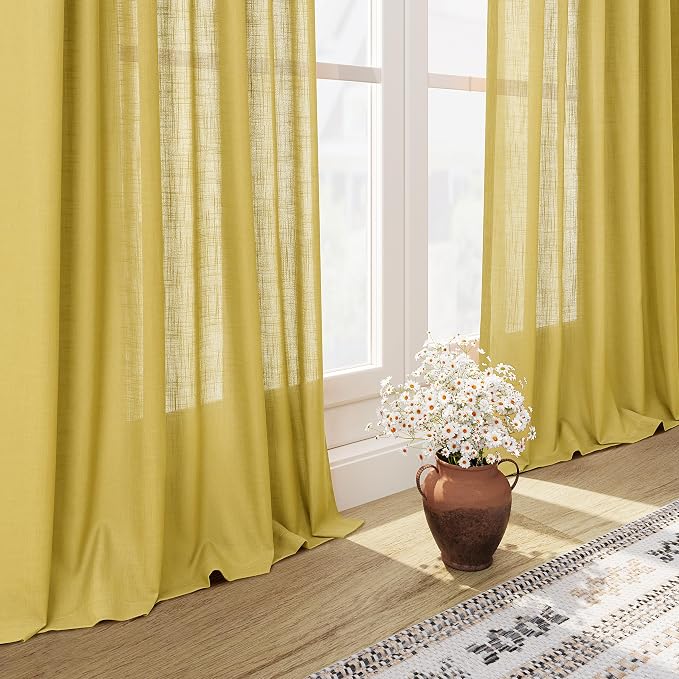 Celery Yellow Linen Curtains 84 Inch Length 2 Panels Set - Image 6
