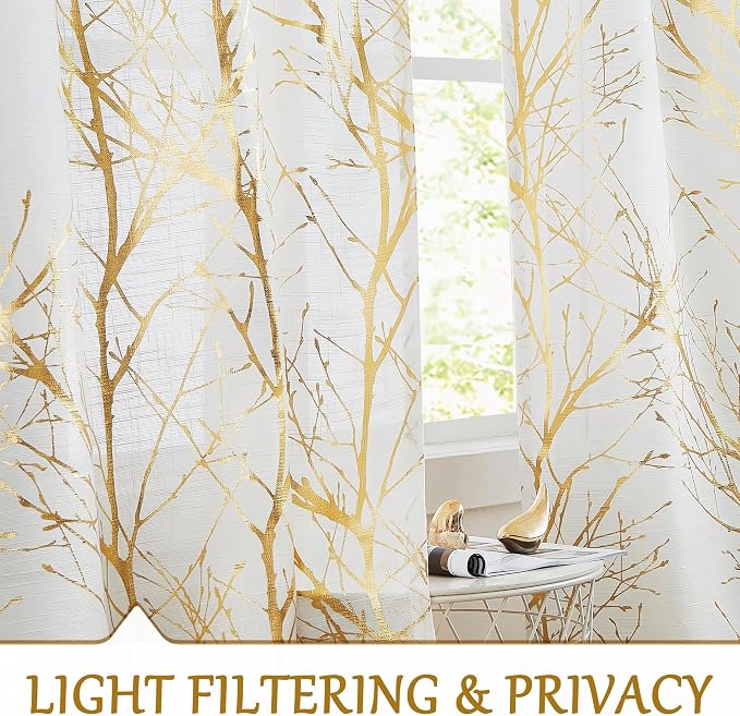 FMFUNCTEX Linen Gold White Semi Sheer Print Curtains 54 Inch Long 2 Panels | - Image 3