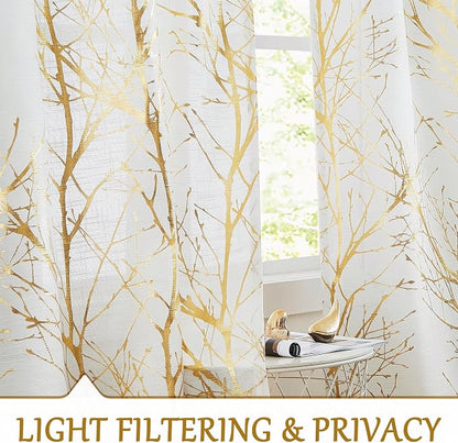 FMFUNCTEX Linen Gold White Semi Sheer Print Curtains 54 Inch Long 2 Panels | - Image 3