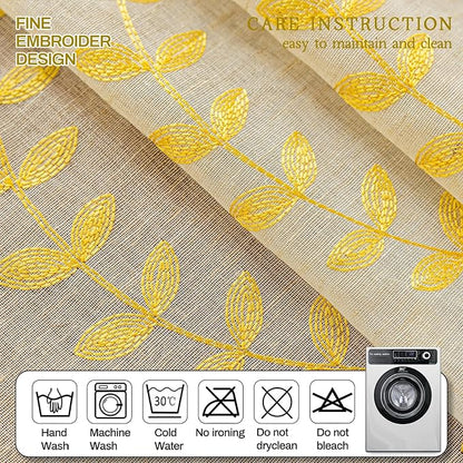 2 Panels Linen Leaf String Floral Embroidered Semi Sheer Curtain Farmhouse - Image 6