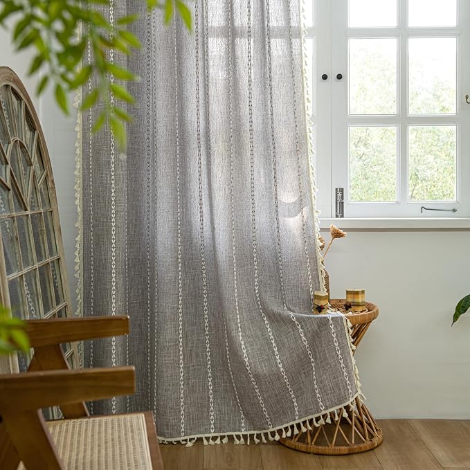 Sutuo Home Boho Curtains for Bedroom Living Room, Semi Blackout Linen Farmhouse - Image 4