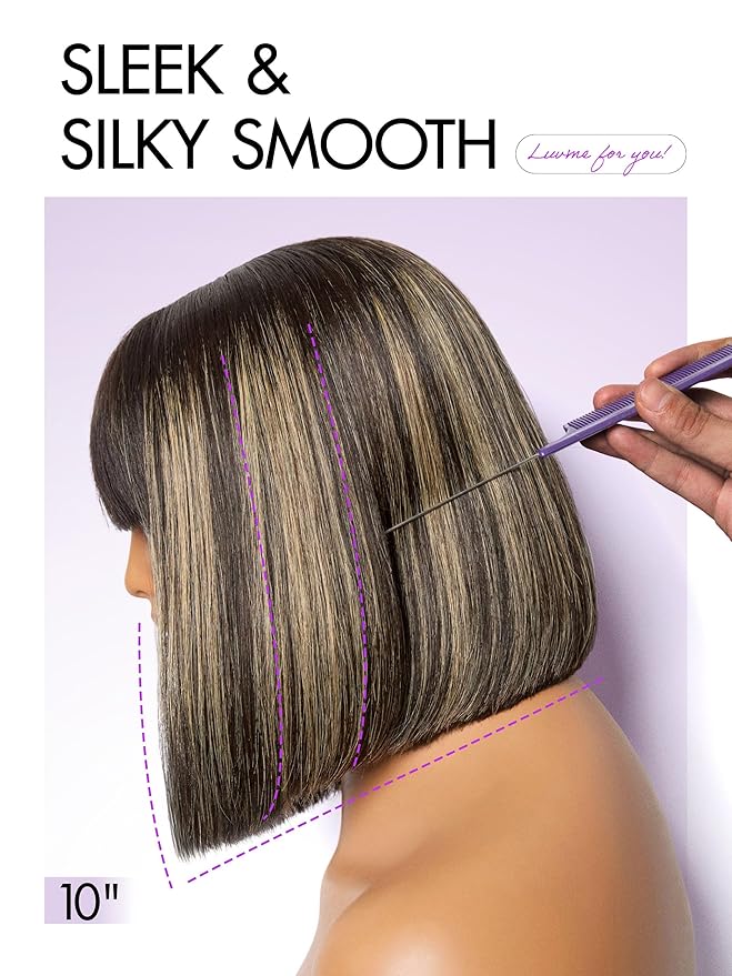 LUVME HAIR 10 Inch Silky Straight Bob Wig with Bangs Human Hair Realistic HD Lace Short Black Bob Wigs, Ready to Go Blunt Cut Bob Wig Glueless 180 Density