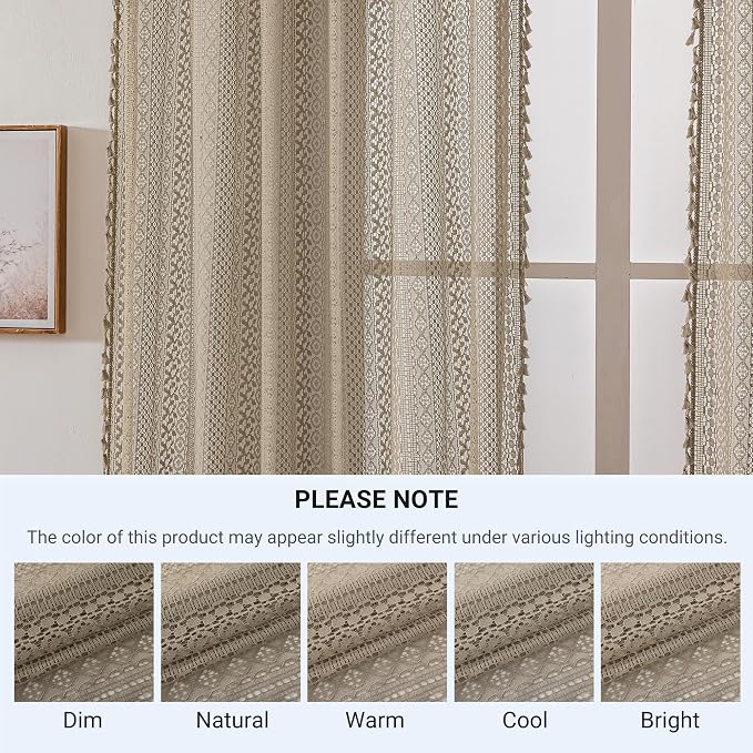 WAZZIO Boho Lace Curtains 45 Inches 2 Panel, Light Filtering Privacy Tassel & - Image 7