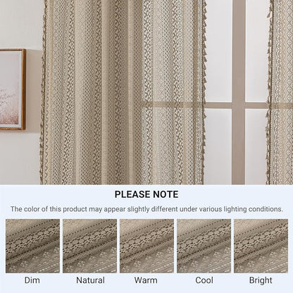 WAZZIO Boho Lace Curtains 45 Inches 2 Panel, Light Filtering Privacy Tassel & - Image 7