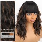 Nnzes Black Mixed Brown Wig with Bangs Short Bob Wavy Wigs Synthetic Curly Wig for Women Natural Looking Heat Resistant Fiber Hair for Daily Party Use