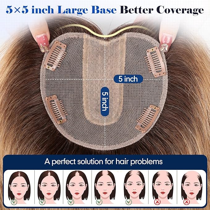HAIRCUBE Hair Toppers For Women With Thinning 5"*5" Large Base Real Hair Toppers For Women, 14 Inch For Hand-Woven, 60g, Silk, Natural, realistic, Use Daily, Hairloss, Ombre Light Brown, No Bangs