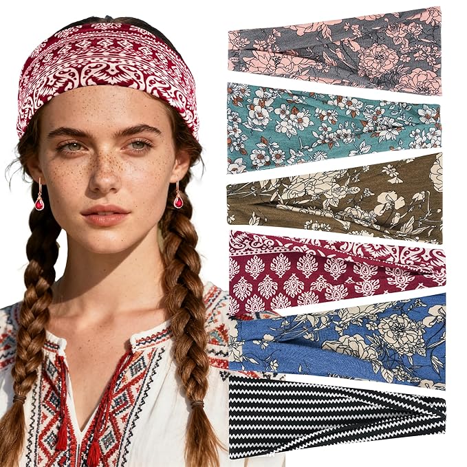 Boho Headbands for Women 6 Pack Non-Slip Fashion Elastic Hair Bands, Boho Head Bands Stretchy Soft Cloth Sweat Band, Workout Athletic Headbands for Yoga Running Gym Sports