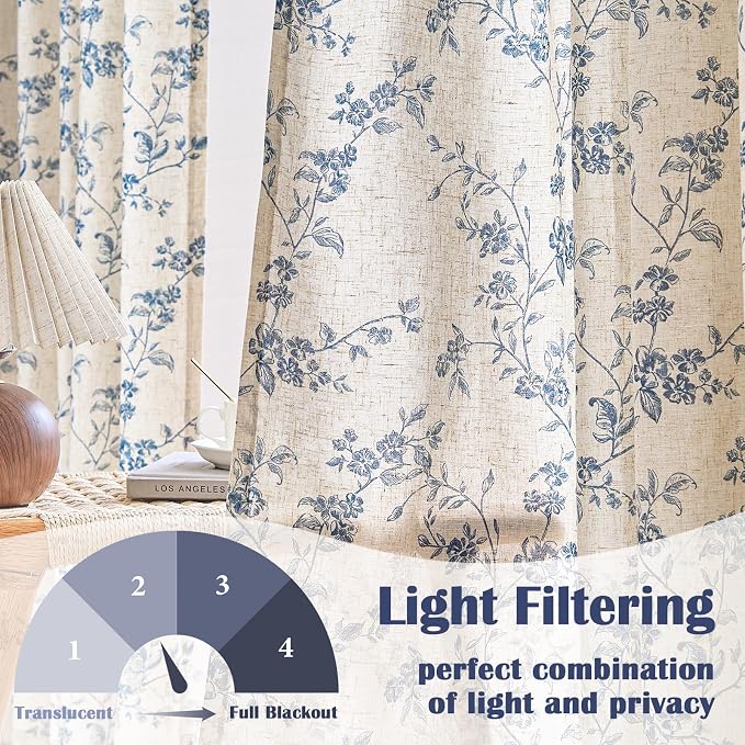 Extra Long Blue Vintage Floral Linen Curtains Farmhouse 2 Panels | Elisa Series - Image 3
