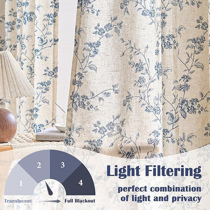 Blue Vintage Floral Linen Curtains Farmhouse 50W X 84L 2 Panels | Elisa Series - Image 3