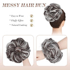 FESHFEN Messy Bun Hair Piece - Large Elastic Wavy Curly Hair Bun Scrunchies Ponytail Extensions Synthetic Chignon Hairpieces for Women, Brown Gray Mix 1.94oz