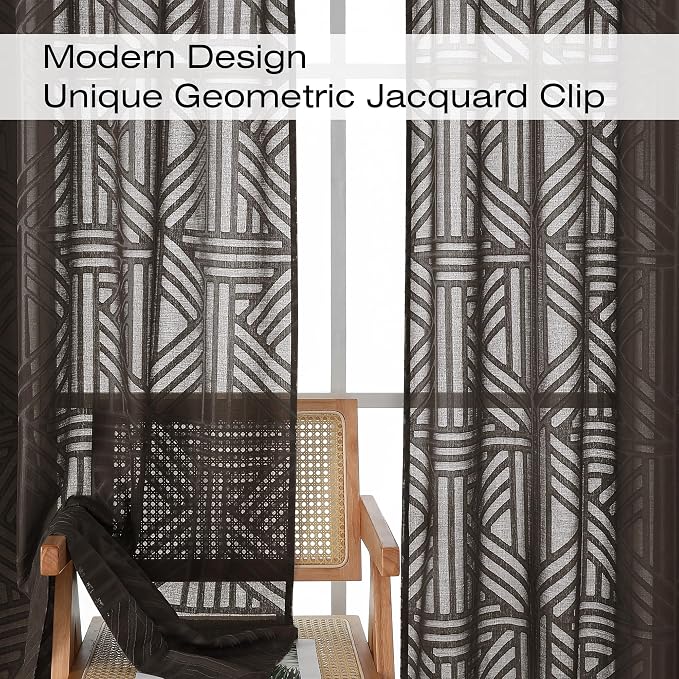 Simplebrand Chocolate Semi Sheer Curtains 54 Inch Length 2 Panels, Geometric - Image 3