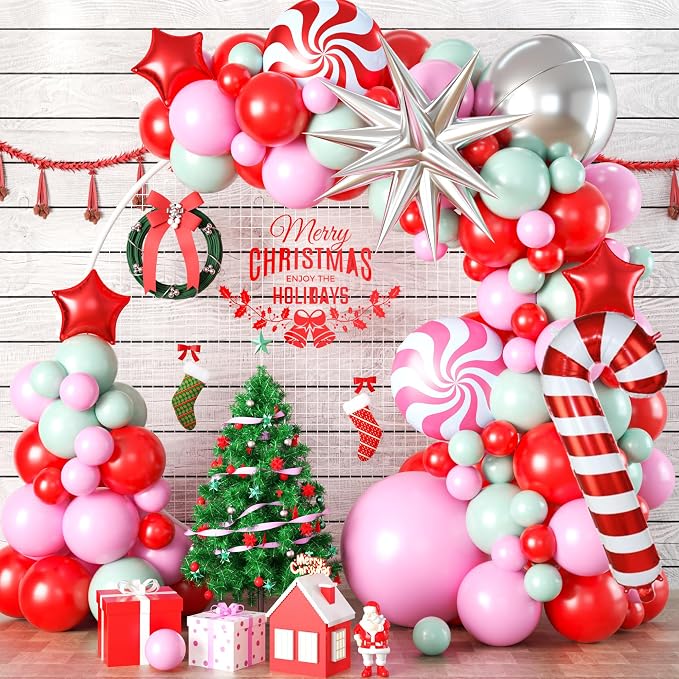 Christmas Balloon Garland Arch Kit, Xmas Candy Cane Windmill Silver Explosion by Paready