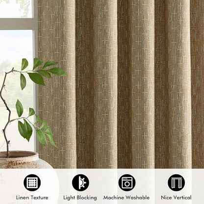 MIULEE Patterned Farmhouse Linen Curtains, Back Tab, Khaki | Linen Curtains - Image 4