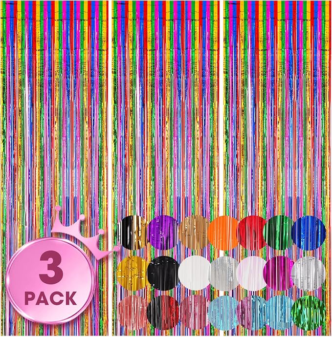 Voircoloria Rainbow Foil Fringe Backdrop Curtains, 3 Pack | Tinsel Streamers by Voircoloria