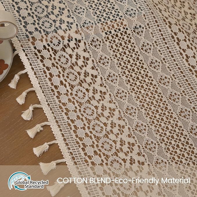 WAZZIO Boho Lace Curtains 63 Inches 2 Panel, Light Filtering Privacy Tassel & - Image 12