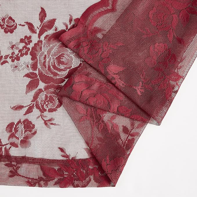 Burgundy Lace Curtains 90 Inches Long Modern Maroon Floral Curtains - Image 7