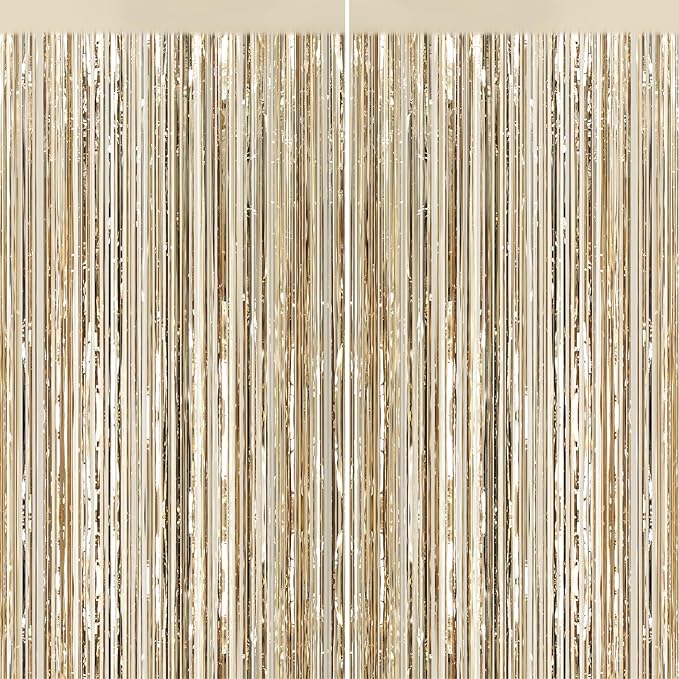 2Pack Champagne Gold Foil Fringe Backdrop Curtains, Tinsel Door Streamers by GCBPartyDecorations