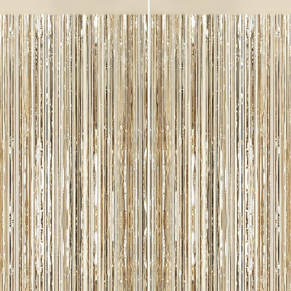 2Pack Champagne Gold Foil Fringe Backdrop Curtains, Tinsel Door Streamers by GCBPartyDecorations