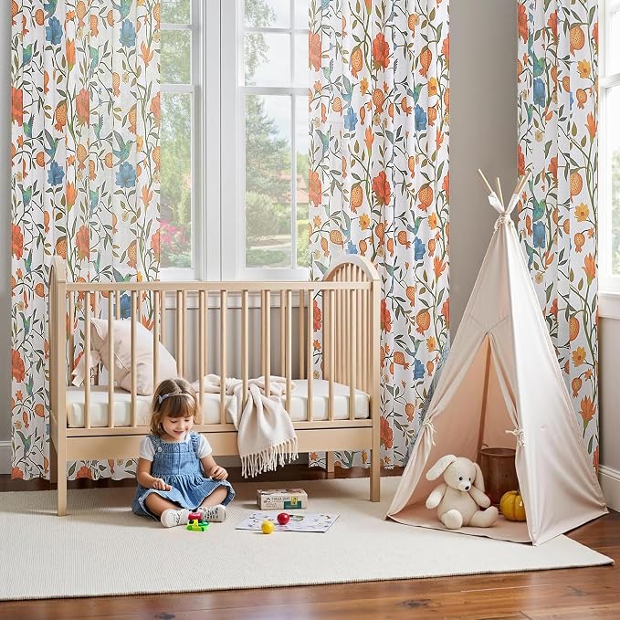 White Floral Linen Curtains, Boho Whimsical Bird Print Curtains - Image 9