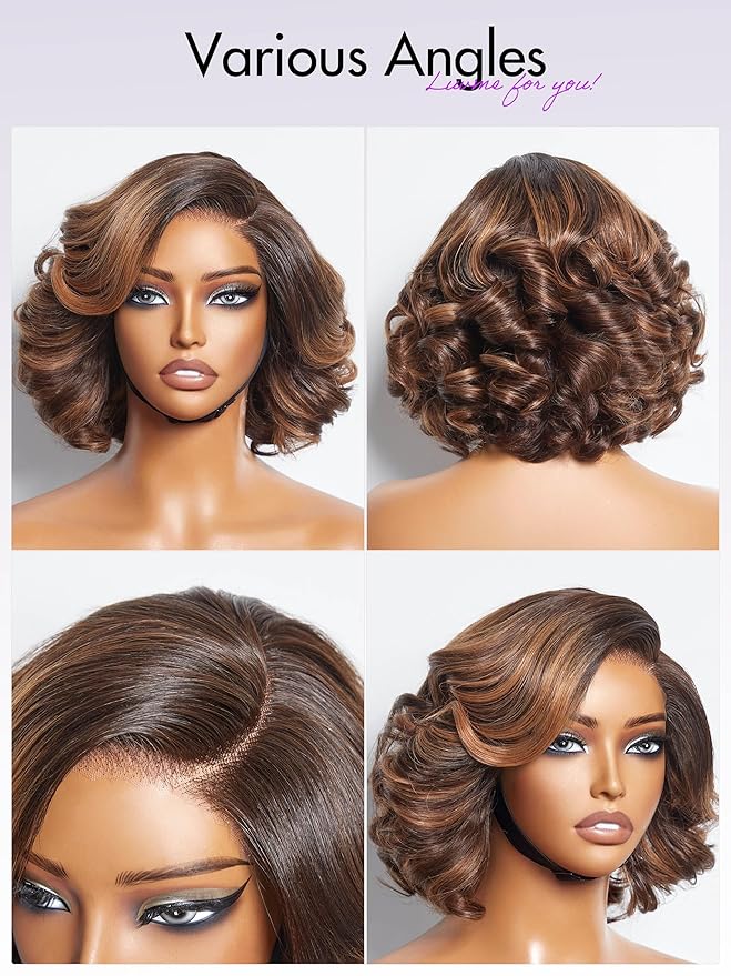 LUVME HAIR 10 Inch Brown Ombre Highlight Bob Wig Human Hair Pre Cut Glueless HD Lace Closure Wigs, Big Curly Mature Boss Left C Parted Wig For Women