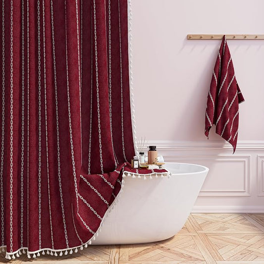 72x78 Long Boho Farmhouse Linen Heavy Duty Shower Curtain, Burgundy | Tall Size by ShowerCurtain