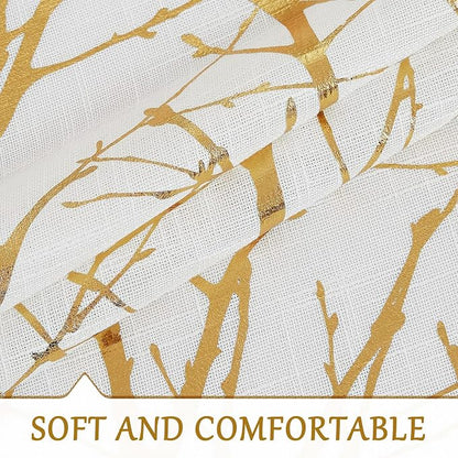 FMFUNCTEX Linen Gold White Semi Sheer Print Curtains 54 Inch Long 2 Panels | - Image 4