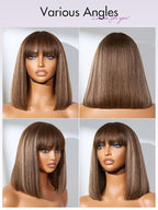 LUVME HAIR 12Inch Ash Blonde Highlights Yaki Blunt Cut Bob Wig with Bangs Glueless Minimalist Lace Short Wig Breathable Cap