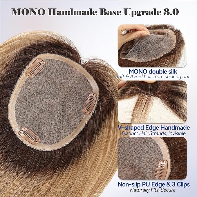 HAIRCUBE Hair Toppers for Women 100% Real Human Hair,Ombre Ash Blonde,6"*5.5"MONO Large Base,65g Hand-moven Real Human HairToppers for Women with ThinningHair