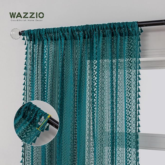 WAZZIO Boho Lace Curtains 45 Inches 2 Panel, Light Filtering Privacy Tassel & - Image 6
