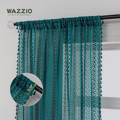 WAZZIO Boho Lace Curtains 63 Inches 2 Panel, Light Filtering Privacy Tassel & - Image 5