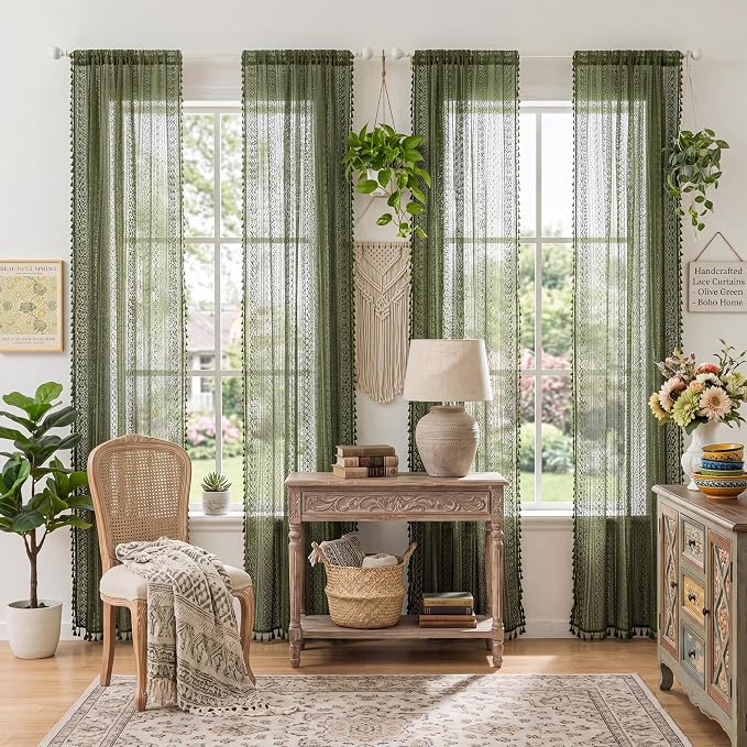 WAZZIO Boho Lace Curtains 84 Inches 2 Panel, Light Filtering Privacy Tassel & - Image 3